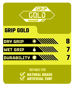 Grip Gold. Agarre en seco:8, Agarre en mojado:7, durabilidad:7. Adecuado para zacate natural y artificial